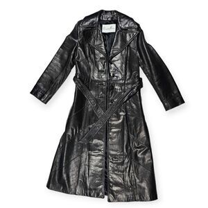 Country Pacer VTG Black 100% Leather Trench Coat with belt Women's Size XS
